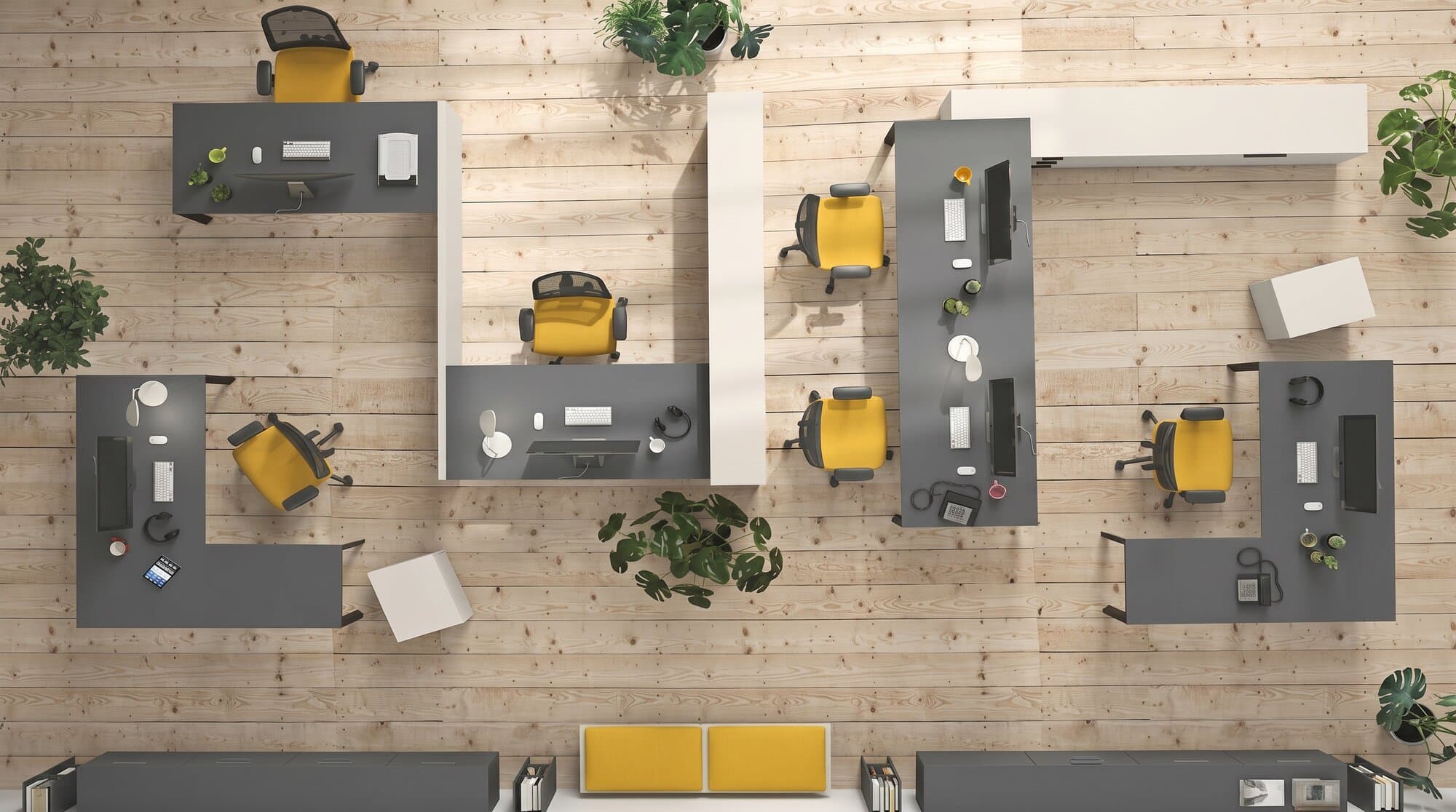 Modern open-plan office with ergonomic chairs