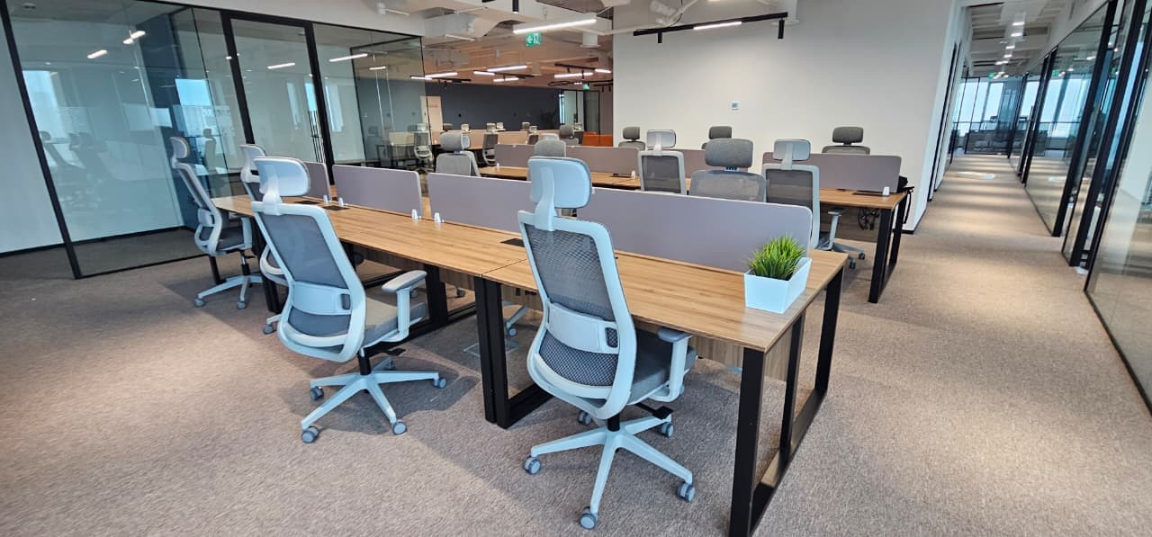 Corporate workspace with workstations and mesh chairs
