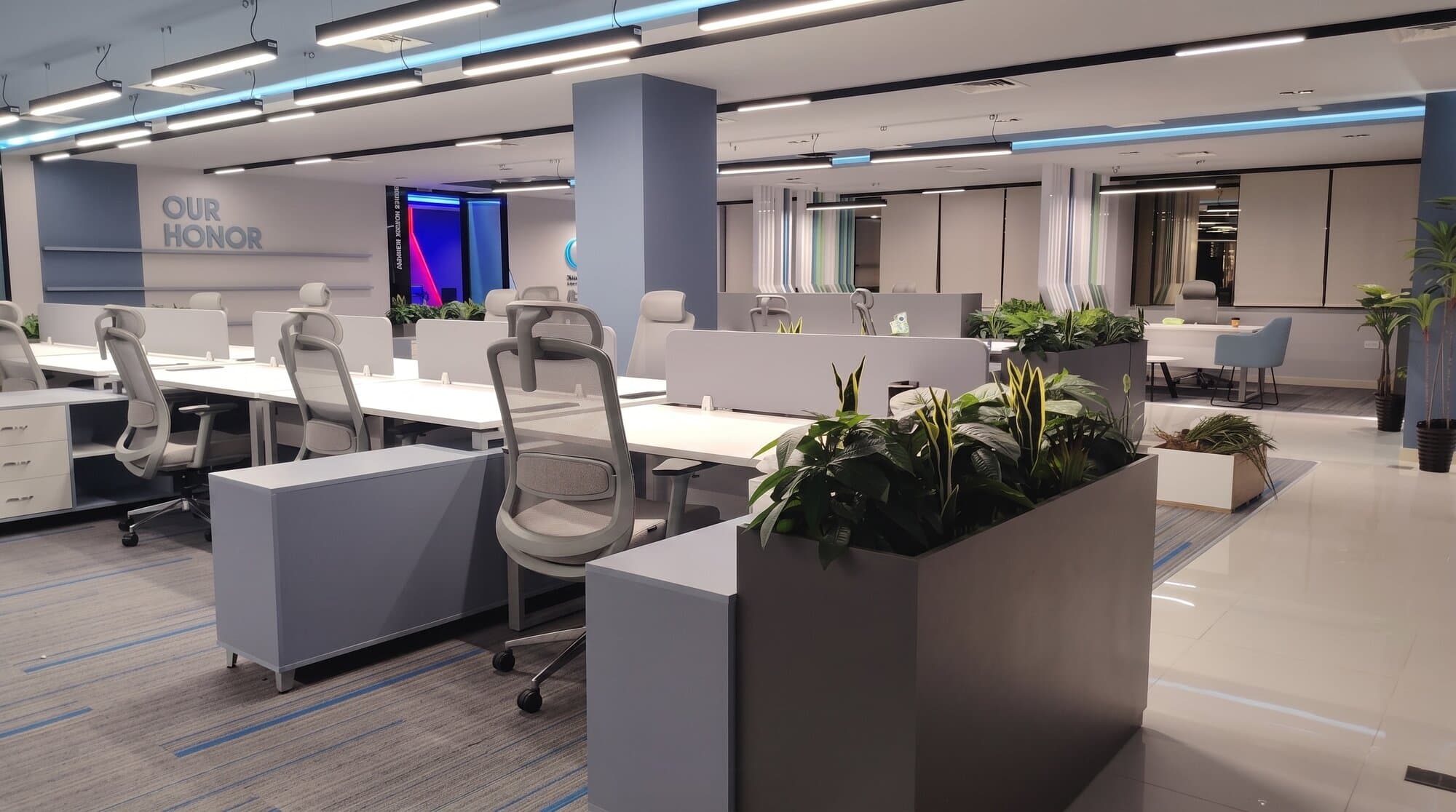 Premium office interior with pendant lighting